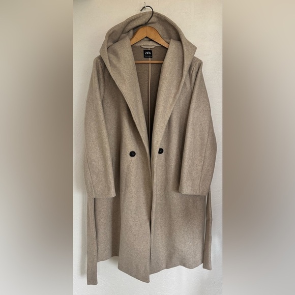 Zara Ecru Taupe Knit Hooded Belted Winter Coat - Picture 11 of 16
